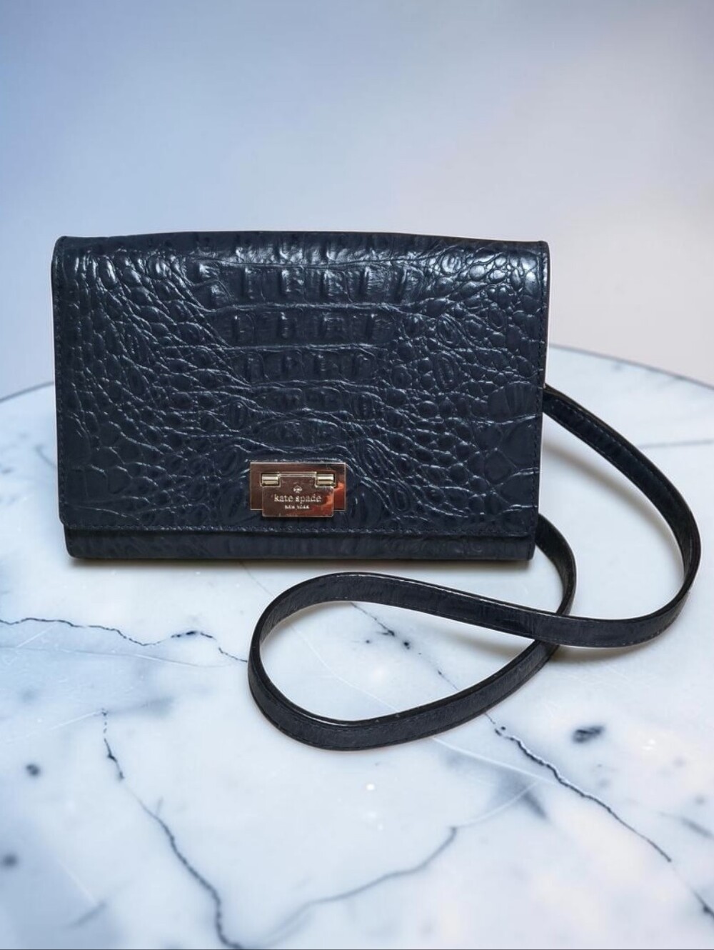 Kate Spade Fiona Navy Blue Croc-Embossed Leather Crossbody Bag